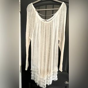 FREE PEOPLE Gauze Ivory/ Cream  Bohemian Flowy Dress w Lace Trim / Sheer Sz S